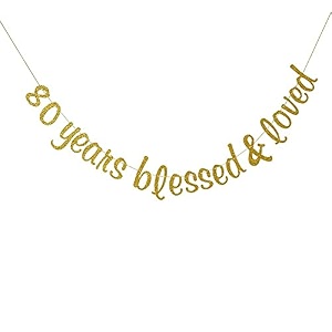 festiko80 years blessed amp loved bunting banner - 80th anniversary birthday wedding party decorations - gold glitter