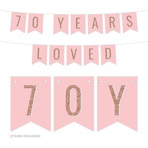 festiko blush pink with faux rose gold glitter birthday party banner decorations 70 years loved approx 5-feet 1-set 70th birthday milestone colored hanging pennant decor supplies