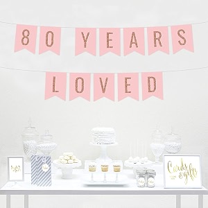 festiko blush pink with faux rose gold glitter birthday party banner decorations 80 years loved approx 5-feet 1-set 80th birthday milestone colored hanging pennant decor supplies
