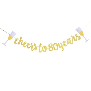 festikocheers to 80 years banner with golden glitter circle dots set for 80th birthday party decorations
