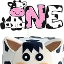 Festiko® Cow One Cake Topper Happy First Birthday Decoration Farm Animal Zoo Theme Kids Boy Girl's 1st Birthday Party Glitter Supplies