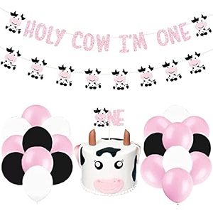 festikocow party decorations glitter holy cow i39m one party banner cake topper and cow themed latex balloons for cow 1st party supplies kids birthday party decorations
