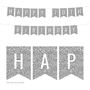 festikofaux silver glitter birthday party banner decorations happy 70th birthday approx 5-feet 1-set milestone colored hanging pennant decor