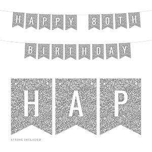 festikofaux silver glitter birthday party banner decorations happy 80th birthday approx 5-feet 1-set milestone colored hanging pennant decor