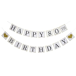 festikohappy 80th birthday banner - gold glitter heart for 80 years birthday party decoration bunting white