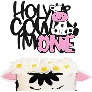 festikoholy cow im one cake topper cow theme happy first birthday cake decor kids boy girls cow one year old bday party supplies black glitter 1st birthday decoration