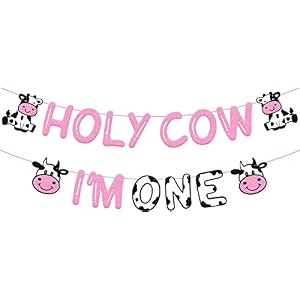 festikoholy cow im one party banner cow theme first birthday decoration glitter pink one year old holy cow party banner for kids boy girl 1st birthday party supplies
