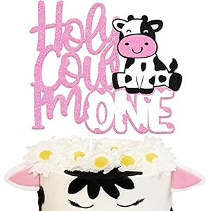 festikoholy cow im one cake topper cow happy first birthday cake decor kids boy girls cow one year old bday party supplies glitter pink 1st birthday decoration
