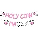 Festiko®Holy Cow I’m One Party Banner, Cow Theme First Birthday Decoration, Glitter Pink, One Year Old Holy Cow Party Banner for Kids Boy Girl 1st Birthday Party Supplies