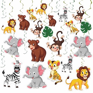 festiko 12 pcs jungle animal theme hanging swirls decorations  ceiling hanging swirls with cute safari animals  wild jungle theme party supplies for kids birthday baby arrival amp events decoration