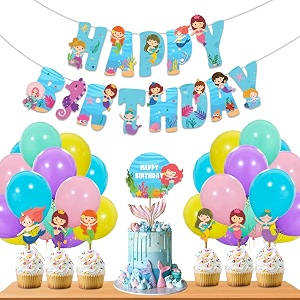 festiko mermaid theme birthday party decoration combo 28 pcs mermaid themes party favors for kids birthday decorationbannerbuntingballoonscake topperscup cake topperribbons