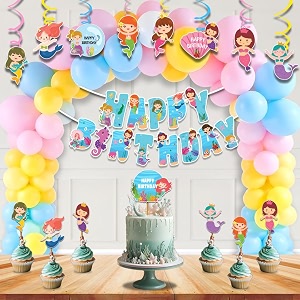 festiko mermaid theme happy birthday party decoration combo 50 pcs mermaid themes party favors for kids birthday decorationbannerswirlsballoonscake amp cupcake toppers