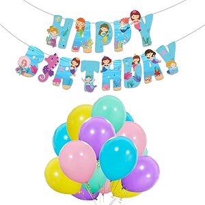 festiko mermaid theme happybirthday theme party decoration 53 pcs combomermaid themes party favors for kids birthday decorationbannerbunting amp balloons with ribbons