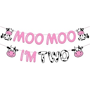 festikomoo moo im two birthday banner cow 2nd birthday party decorations for girl cow theme happy second birthday party supplies glitter pink decorations