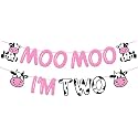 Festiko®Moo Moo Im Two Birthday Banner Cow 2nd Birthday Party Decorations for Girl Cow Theme Happy Second Birthday Party Supplies Glitter Pink Decorations