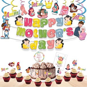 festiko mother39s day multicolor combo 37 pcs mother39s day decoration supplies mother39s day party favors banner cake topper cupcake topper swirls amp greeting card
