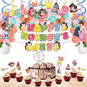 festiko mother39s day multicolor combo 62 pcs mother39s day decoration supplies banner cupcake toppers cake topper balloons swirls amp greeting card