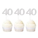 Festiko®Numbers 40 Cupcake Toppers Silver Glitter 40th Birthday Cupcake Picks Anniversary Party Decoration Supplies 24 PCS