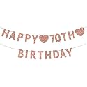Festiko®Rose Gold 70th Birthday Banner, Glitter Happy 70 Years Old Woman or Man Party Decorations, Supplies