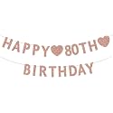 Festiko®Rose Gold 80th Birthday Banner, Glitter Happy 80 Years Old Woman or Man Party Decorations, Supplies