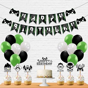 festiko video game theme birthday party decoration combo 28 pcs video games party favors for kids birthday decorationbannerbuntingballoonscake topperscup cake topperribbons
