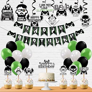 festiko video game theme happy birthday party decoration combo 36 pcs video games party favors for kids birthday decorationbannerbuntingswirlsballoonscake topperscup cake topperribbons