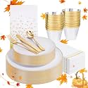 Festiva 175PCS White and Gold Plastic Plates - White with Gold Rim Fall Dinnerware Set - 25Guest include Plates Cups Cutlery Napkins for Birthday Party&amp;Wedding&amp; Thanksgiving