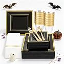 Festiva 350Pcs Black and Gold Plastic Plates-50Guests Disposable Square Black Dinnerware Set include 100 Plastic Plates,50Cups,150Plastic Cutlery,50Napkins for Halloween &amp;Wedding