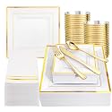 Festiva 350Pcs Gold Plastic Plates - Disposable Square Gold Plates Dinnerware set include 9.5"/6" Plates,Cups,Plastic Cutlery,Hand Napkins Perfect for 50 guests Party&amp;Birthday&amp;Wedding