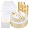 Festiva 350Pcs Gold Plastic Plates - White and Gold Dinnerware Set Disposable include 10" &amp; 7" Plates,Cups,Silverware,Napkins -serve 50 Guests Perfect for Wedding&amp; Easter&amp;Birthday Party
