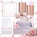 Festiva 350Pcs Rose Gold Plastic Plates - Clear Rose Gold Disposable Dinnerware Sets for 50Guests include 100 Plates 50 Cups 50Plastic Cutlery 50Napkins for Fall Party&amp;Wedding&amp; Bridal Shower