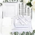 Festiva 350Pcs Silver Plates - Silver Square Plastic Plates 9 .5" and 6" - serve for 50 guests include 50 Cups 50Plastic Cutlery 50Hand Napkins Perfect for Party&amp;Wedding&amp;Birthday