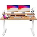 FEZIBO Height Adjustable Electric Standing Desk with Double Drawer, 55 x 24 Inch Stand Up Table with Storage Shelf, Sit Stand Desk with Splice Board, White Frame/Light Rustic Brown Top