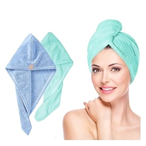 fezora hair towel wrap for women pack of 2  quick-dry microfiber hair turban with elastic loop  super absorbent hair drying towel for ladies amp girls sky amp pista green