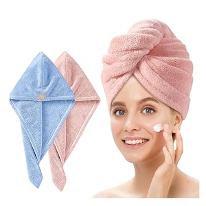 fezora hair towel wrap for women pack of 2  quick-dry microfiber hair turban with elastic loop  super absorbent hair drying towel for ladies amp girls sky amp orange