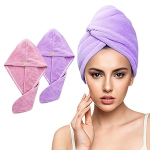 fezora hair towel wrap for women pack of 2  quick-dry microfiber hair turban with elastic loop  super absorbent hair drying towel for ladies amp girls orange amp purple