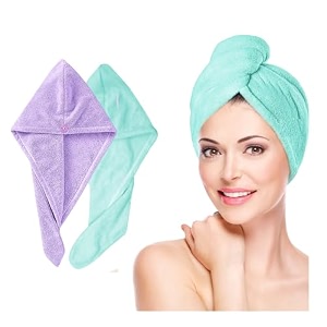 fezora hair towel wrap for women pack of 2  quick-dry microfiber hair turban with elastic loop  super absorbent hair drying towel for ladies amp girls purple amp pista