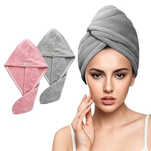 fezora hair towel wrap for women pack of 2  quick-dry microfiber hair turban with elastic loop  super absorbent hair drying towel for ladies amp girls grey amp orange