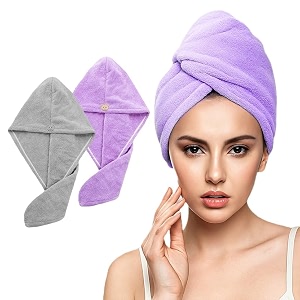 fezora hair towel wrap for women pack of 2  quick-dry microfiber hair turban with elastic loop  super absorbent hair drying towel for ladies amp girls grey amp purple