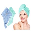 Fezora Hair Towel Wrap for Women (Pack of 2) | Quick-Dry Microfiber Hair Turban with Elastic Loop | Super Absorbent Hair Drying Towel for Ladies &amp; Girls (Sky &amp; Pista Green)