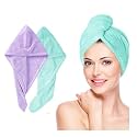 Fezora Hair Towel Wrap for Women (Pack of 2) | Quick-Dry Microfiber Hair Turban with Elastic Loop | Super Absorbent Hair Drying Towel for Ladies &amp; Girls (Purple &amp; Pista)