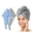 Fezora Hair Towel Wrap for Women (Pack of 2) | Quick-Dry Microfiber Hair Turban with Elastic Loop | Super Absorbent Hair Drying Towel for Ladies &amp; Girls (Sky &amp; Grey)