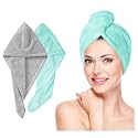 Fezora Hair Towel Wrap for Women (Pack of 2) | Quick-Dry Microfiber Hair Turban with Elastic Loop | Super Absorbent Hair Drying Towel for Ladies &amp; Girls (Grey &amp; Pista Green)