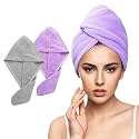 Fezora Hair Towel Wrap for Women (Pack of 2) | Quick-Dry Microfiber Hair Turban with Elastic Loop | Super Absorbent Hair Drying Towel for Ladies &amp; Girls (Grey &amp; Purple)