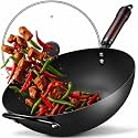 FGJ Wok, 13 Inch Carbon Steel Woks & Stir-fry Pans Nonstick | Pre-Seasoned 5.8QT Flat Bottom Chinese Wok Paella Pan with lid,PFOA/PTFE free Cookware Compatible with All Cooktops