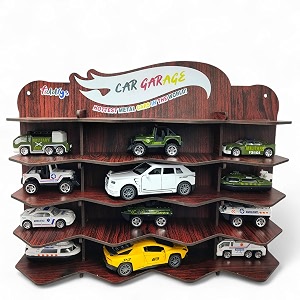 fiddlys wooden toy car display shelf  car garage organizer for 15 cars  premium wood finish desktop or wall rack for kids  ideal storage for hot wheels amp mini cars car desktop-brown
