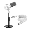 FIFINE Studio Dynamic Microphone with Adjustable Desktop Mic Stand & XLR Cable Kit, XLR/USB Microphone with Tap-to-Mute, Volume Controls, Metal Build, Table Mic Stand for Streaming-K688W+BS1+L9W