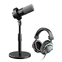 FIFINE Studio Microphone with Desktop Mic Stand & Headphone Kit, XLR/USB Dynamic Mic with Quick Mute & Headphone Jack, Metal Adjustable Table Stand & 3.5mm Monitoring Headset-K688+BS1+H8