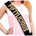 Fiftylicious Black and Gold Glitter Satin Sash - Funny 50th Birthday Sash for Him or Her - Party Decorations, Supplies and Gifts