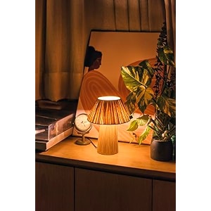 fig living petite table lamp brown  25cm tall handwoven raffia lamp with pleated shade  home decoration amp gifting  japandi-inspired bedside amp living room lamp light  25m cord with onoff switch